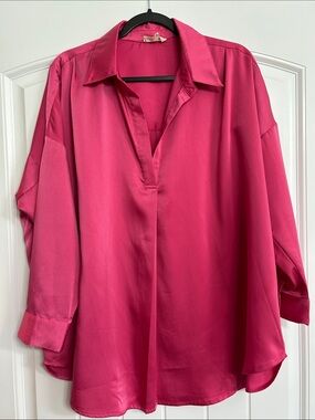 eesome / long sleeve Shirt /Hot Pink /Satin /V-Neck / size small/ OVERSIZED!